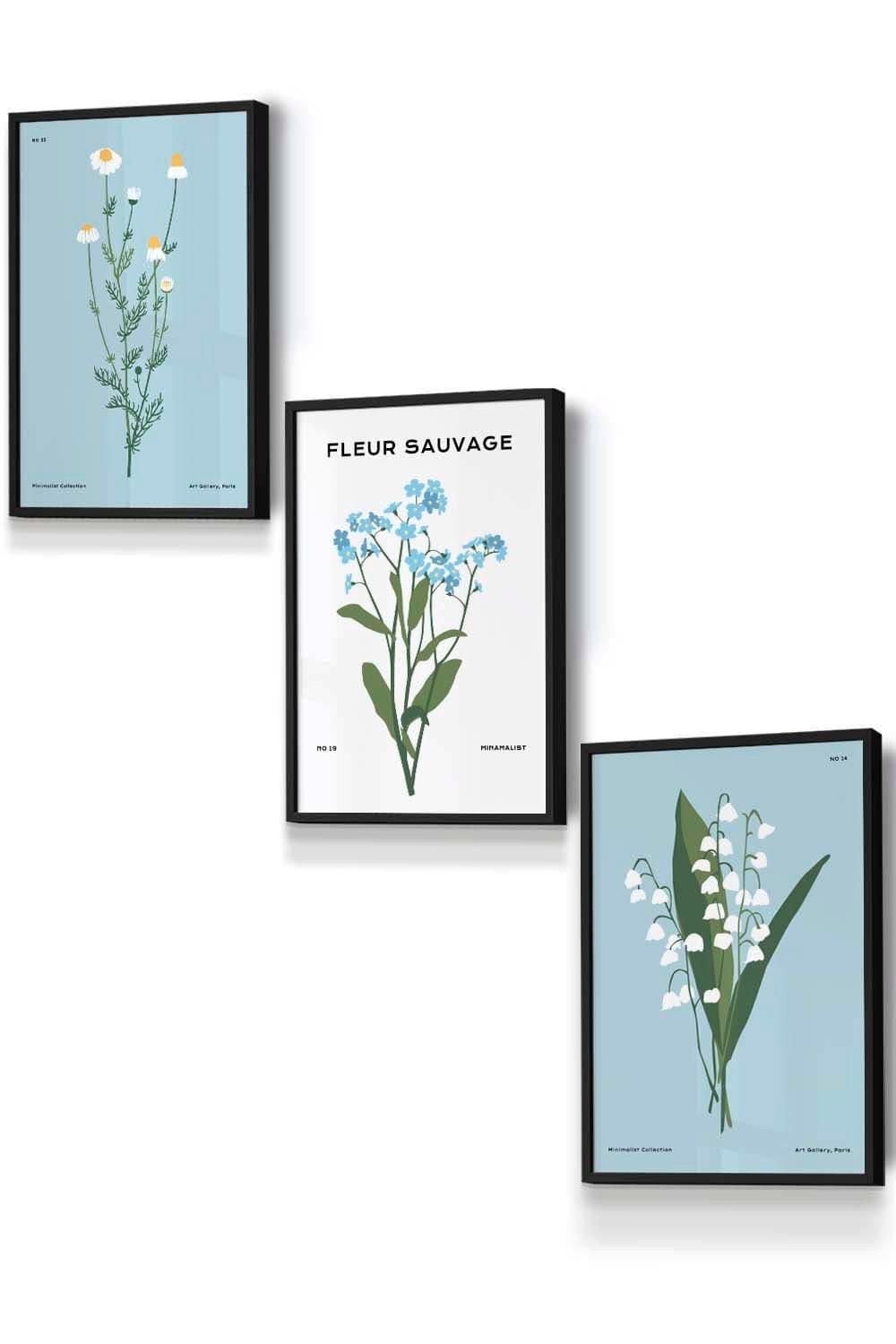 Set of 3 Black Framed Vintage Graphical Blue Spring Wild Flower Market Wall Art